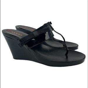 PRADA woman’s size 7 Wedge thong Sandals Black patent leather w/ bow